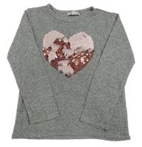 Šedý melírovaný svetr se srdíčkem z flitrů Primark