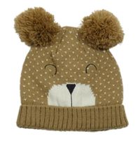 Béžová pletená podšitá čepice s medvídkem a bambulemi Peacocks