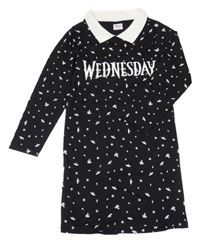 Černé hvězdičkované šaty s nápisem a límečkem - Wednesday 