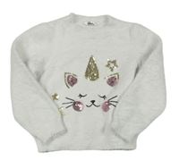 Bílý chlupatý svetr s kočičkou z flitrů M&Co
