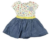 Modro-smetanové riflovo/bavlněné šaty s obrázky a kapsou Next