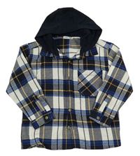 Tmavomodro-bílo-safírovo-okrová kostkovaná košile s odepínací kapucí KIDS COLLECTION