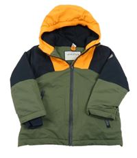 Khaki-tmavomodro-oranžová šusťáková zimní lyžařská bunda s nášivkou a kapucí Topolino