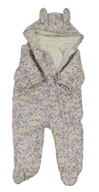 Bílá manšestrová zimní kombinéza s kytičkami a kapucí s oušky Next