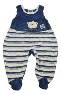 Tmavomodro-bílo-modro-rezavé pruhované sametové dupačky s medvídkem Topolino