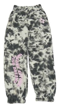 Tmavošedo-šedo-bílé batikované tepláky s květem a nápisy PRIKMARK