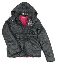 Tmavošedá šusťáková zimní parka s písmenkem s flitry a odepínací kapucí ESPRIT