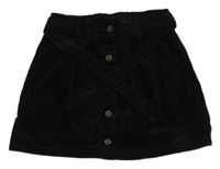 Černá paper bag manšestrová sukně s knoflíky a páskem Next