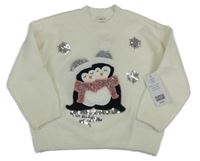 Nové - smetanový svetr s tučňáčky a vločkami z flitrů F&F