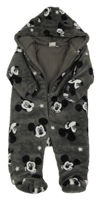 Tmavošedá plyšová zateplená kombinéza s Mickey a kapucí Disney