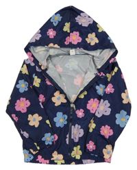 Tmavomodrá květovaná šusťáková nepromokavá bunda s kapucí SHEIN