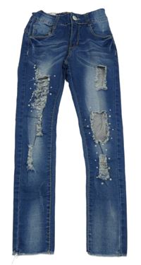 Modré skinny teplákové rifle s prošoupáním a pecičkami 