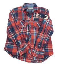Červeno-tmavomodro-modro-bílá kostkovaná košile s nápisy a číslem H&M