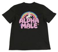 Černé tričko s jednorožcem a duhou a nápisy 