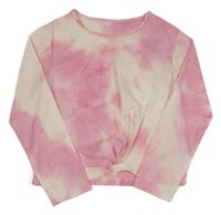 Růžovo-bílé batikované žebrované crop mikinotriko s překřížením