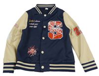 Tmavomodro-béžová baseballová mikina s písmenkem a pavoukem a číslsem a pruhy 