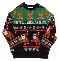 Černo-zelený vzorovaný svetr se soby a Santy Peacocks