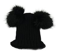 Černá žebrovaná pletená čepice s bambulemi