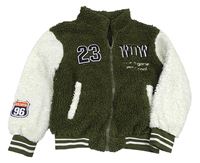 Khaki-bílá huňatá propínací mikina s nápisem Shein