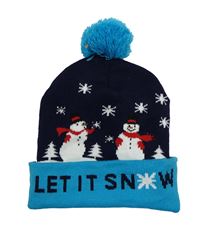Tmavomodro-modrá čepice se sněhuláky a bambulí
