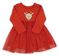 Červené bavlněno/tylové šaty se sobem a třpytkami Peacocks