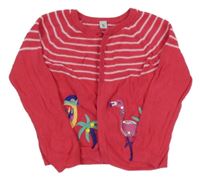 Fuchsiový propínací svetr s plameňákem a papouškem Tu