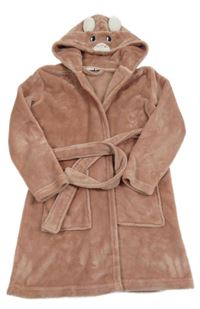 Starorůžový chlupatý župan s kapucí s čumákem
