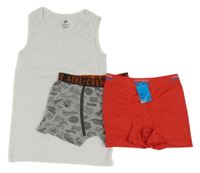 3set - Bílý nátělník + červené boxerky + šedé melírované s nápisy