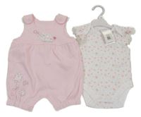 Nové - 2set - Bílé květované body + růžové laclové tepláky se slonem