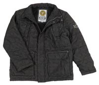 Hnědo-černá kostkovaná šusťáková zateplená bunda s nápisem 