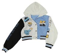 Modro-bílá crop mikina s nápisy a kapucí 