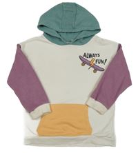 Bílo-zeleno-fialová mikina se skatem a zelenou kapucí Tu