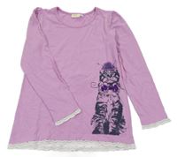 Lila triko s kočkou a bílou krajkou kids