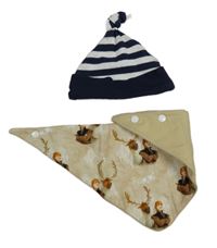 2set - Tmavomodro-bílá pruhovaná čepice + béžový slinták s Frozen 