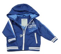 Modro-bílá šusťáková jarní bunda s nápisy a kapucí KANZ