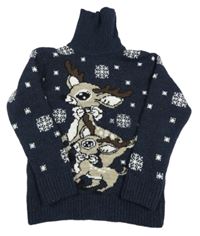 Tmavomodrý vlněný rolák s hvězdami se soby 