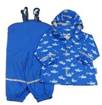 2set - Modrá voděodolná jarní bunda se žraloky a kapucí + voděodolné laclové kalhoty 
