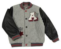 Šedo-černá flaušovo/koženková zateplená baseballová bunda s písmenem a koženkovými rukávy Next