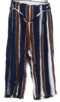 Dámské tmavomodro-hnědo-bílé pruhované culottes kalhoty s páskem Primark 