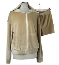 2set - Dámská béžová propínací sametová mikina s kapucí + kraťasy 