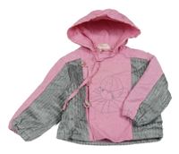 Růžovo-šedá jarní bunda s výšivkou a kapucí