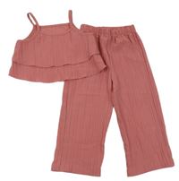 2 set - růžové kalhoty + růžový crop top s kanýry 
