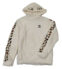 Smetanová chlupatá mikina s logem adidas a kapucí 