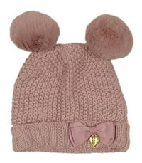 Růžová třpytivá čepice s mašlí a bambulemi 