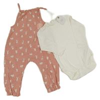 Nové - 2set - Růžový kalhotový overal se zajíčky + bílé puntíkaté body ne