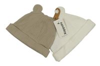 Nové - 2x bavlněná žebrovaná čepice - hnědá + bílá KappAhl