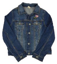 Tmavomodrá tepláková riflová crop bunda s kytičkou Zara