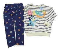 Nové - 2set - Smetanovo-tmavomodrá pruhovaná mikina s Bluey + tmavomodré legíny se srdíčky George