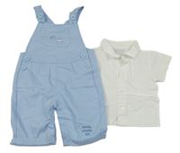 2set - Světlemodré plátěné laclové kalhoty s auty + bílá košile 