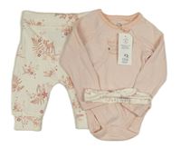 3set - Světlerůžovo-bílé pruhované body + bílé tepláky se srnkami + čelenka F&F
